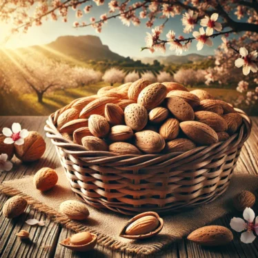 Mandorle biologiche appena raccolte in un cesto rustico, con alberi di mandorle sullo sfondo sotto il sole siciliano.