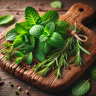 Foglie di menta, rosmarino e origano su tagliere rustico