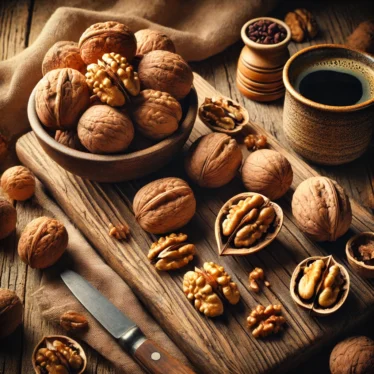 Noci biologiche siciliane su tagliere in legno con caffè