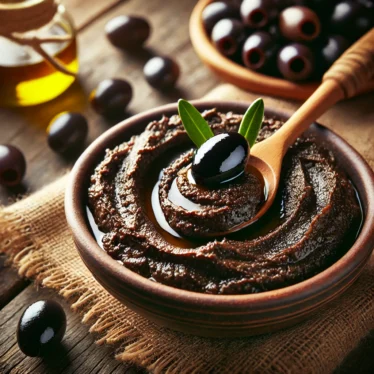 Ciotola di paté di olive nere con cucchiaio e olive fresche