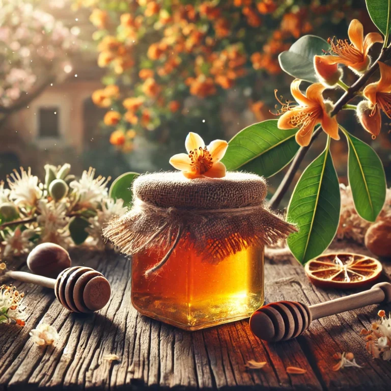 Vasetto di miele siciliano artigianale su tavolo rustico con sfondo di fiori di arancio, eucalipto e castagno