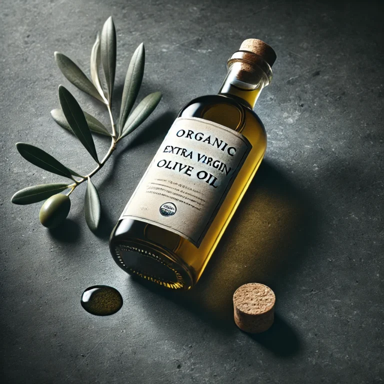 Bottiglia di olio extravergine di oliva biologico su piano in pietra con luce naturale
