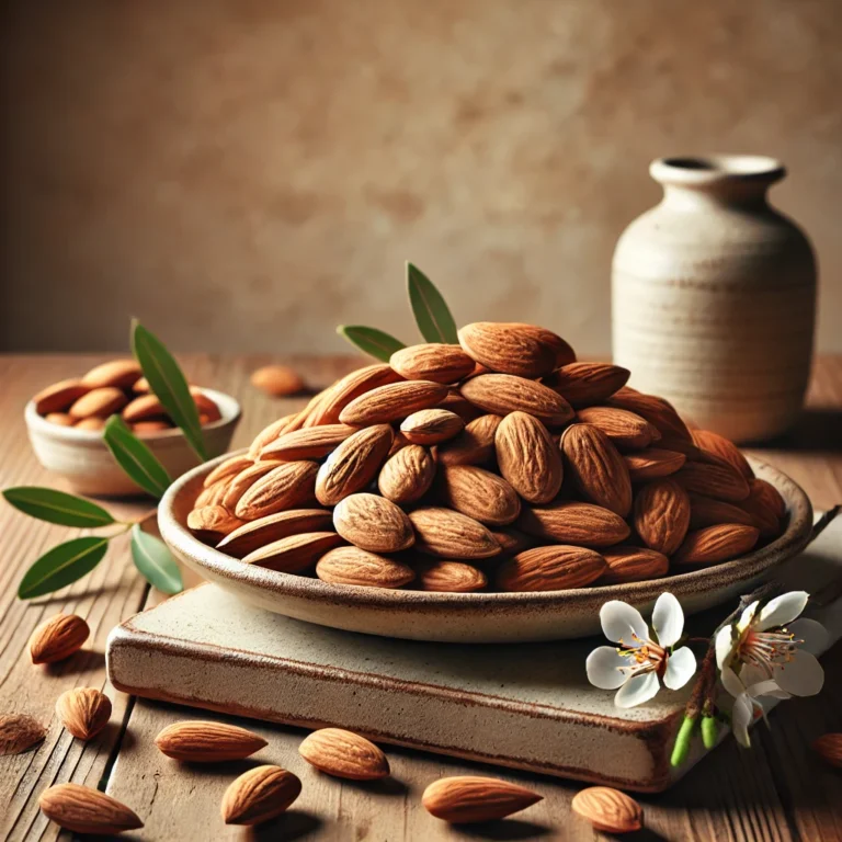 Mandorle biologiche sgusciate su piatto rustico siciliano