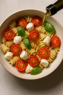 Pasta fredda con pomodorini, mozzarella e basilico con filo d’olio EVO biologico siciliano, ripresa dall’alto in stile food photography