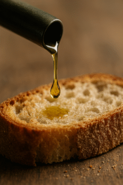 Goccia di olio EVO biologico siciliano che cade dal beccuccio su pane siciliano croccante, texture e briciole in primo piano, luce morbida