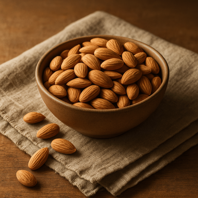 Mandorle sgusciate biologiche siciliane in ciotola, luce naturale.