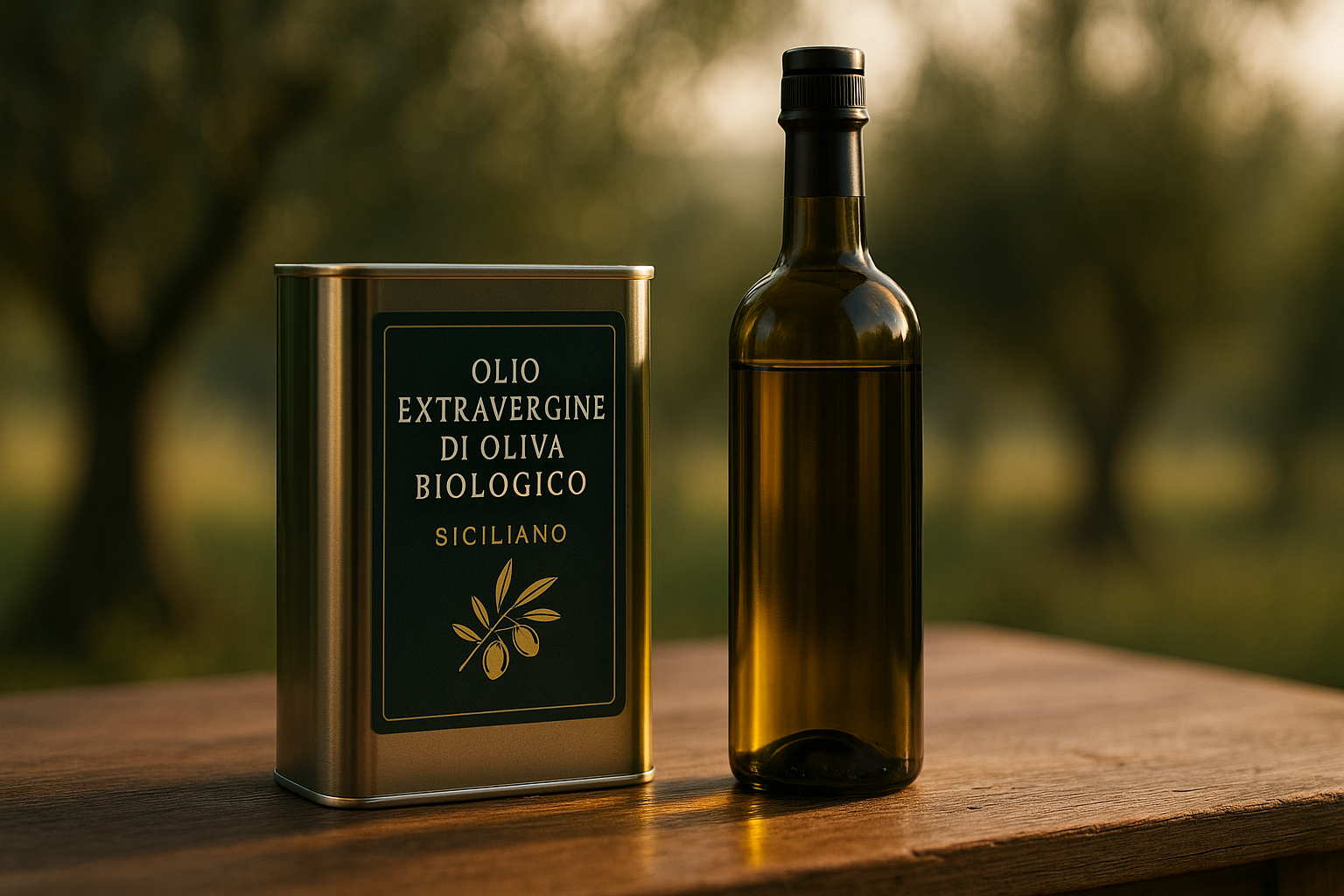 Latta e bottiglia di olio extravergine di oliva biologico siciliano su tavolo in legno, controluce tra gli ulivi; riflessi dorati e tappo antirabbocco.