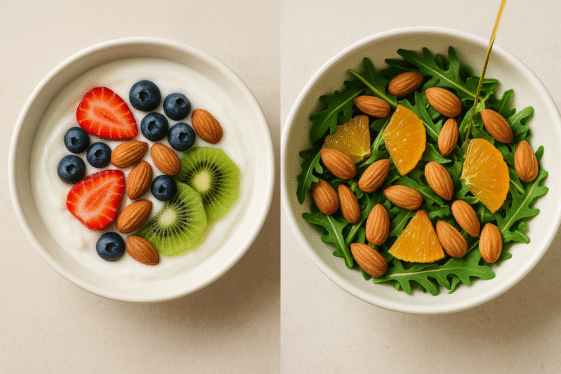 Yogurt con frutta e mandorle bio e insalata di rucola e arancia con mandorle e olio EVO.