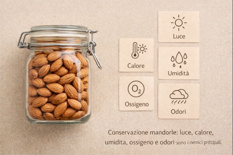 Conservare mandorle: luce, calore, umidità, ossigeno e odori sono i nemici principali.