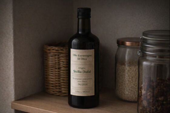 Conservazione olio EVO: bottiglia scura, buio e fresco. Etichetta dell'olio extravergine.