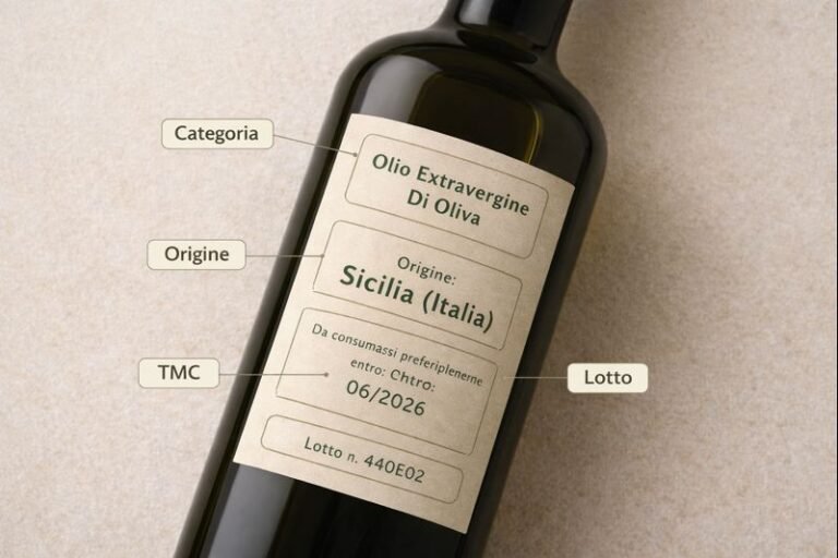 Etichetta olio extravergine di oliva con categoria, origine, TMC e lotto.