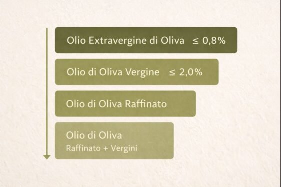 Schema categorie olio: extravergine, vergine, raffinato, blend. Etichetta dell'olio extravergine