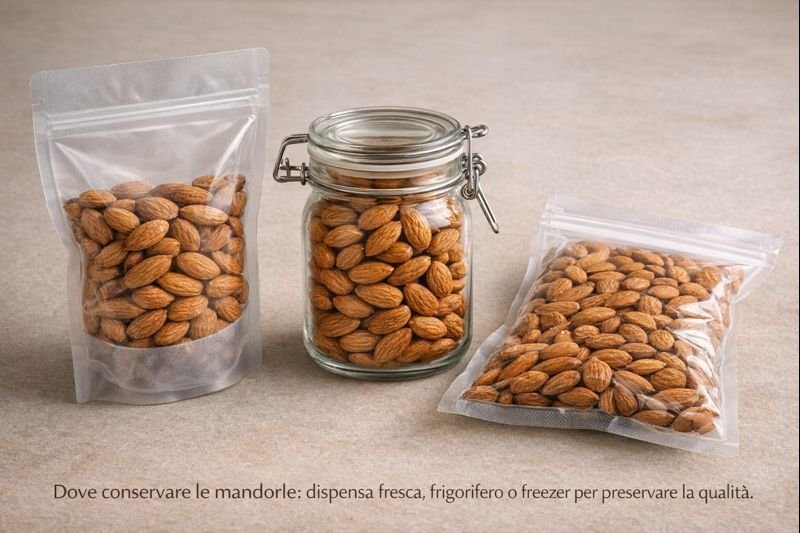 Contenitori per conservare le mandorle: vetro ermetico, buste barriera e sottovuoto per ridurre ossigeno e odori.